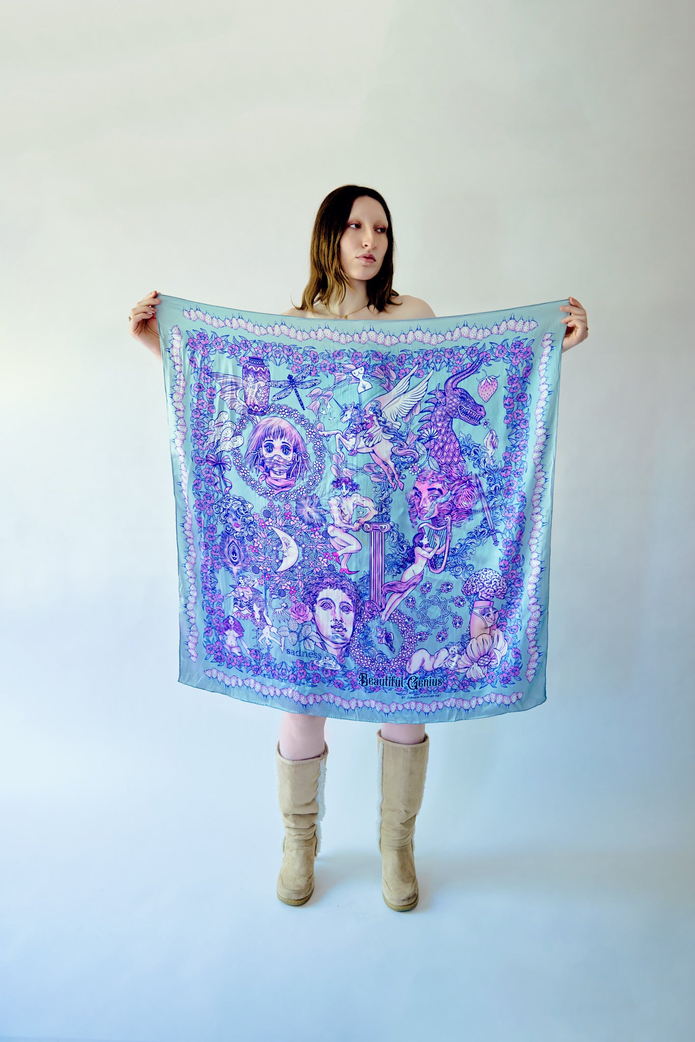 トップス YOSHUYUKI Silk Scarf Patterned Satin Top Joni Scarf – Silk Print Black Iris | Italian Printed Silk Scarf